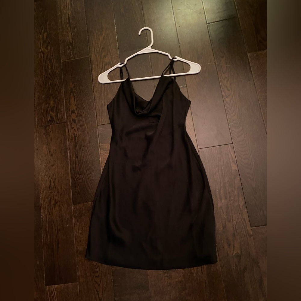 Black Satin Cowl Neck Mini Dress